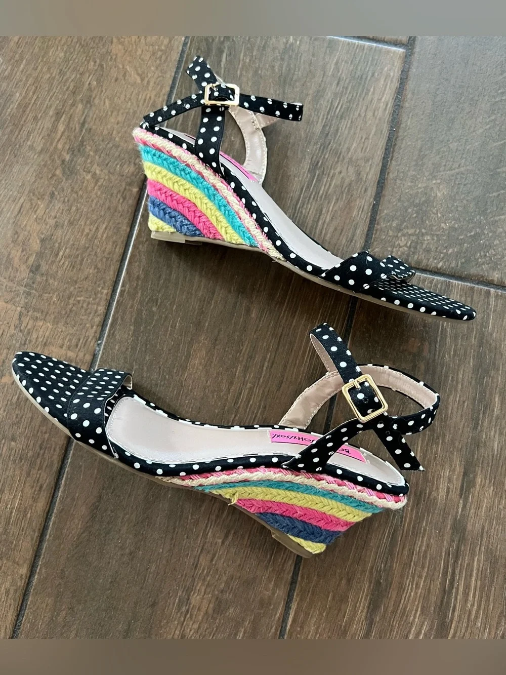 Betsey Johnson Polka Dot Rainbow Espadrille Wedge Open Toe Sandal size 6